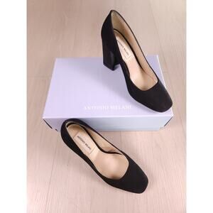 Antonio Melani Orlins Black Suede Block Heel Pumps 6.5M Leather Sole Made Brazil